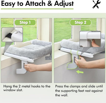 Cat Window Sill Perch with Large Bolster, Easy to Adjust & Assemble Cat Window Seat for Windowsill & Bedside, Pet Hammock Bed for Large Cats and Kittens (Grey, M)