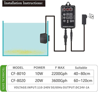 Carefree Fish Magnetic Aquarium Wave Maker Quiet and Powerful DC 24V Powerhead with Digital Led Display Controller Submersible Water Inverter Circulation Pump for Freshwater and Saltwater