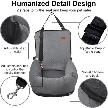 Dog Car Seat for Small Medium Dogs Up to 40lbs, Detachable Washable Soft Pet Booster Travel Bed for Front & Gray Seat with Safety Leash Belt