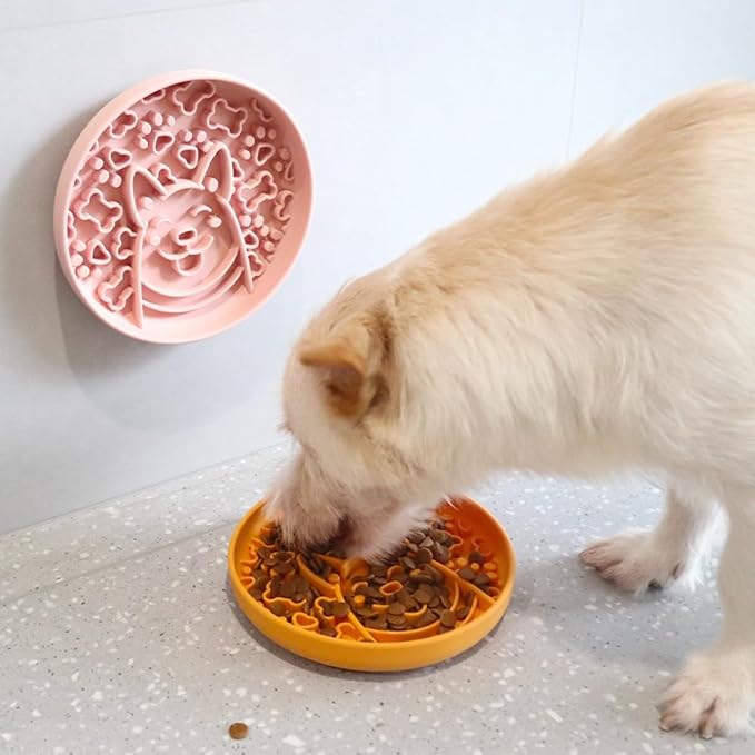 Dogs Slow Feeder Bowl,Silicone Dogs Bowl,Non-Slip Design, Puppy Pattern Interval Eating Slowly. (Peach Pink)