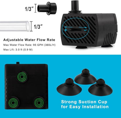 PULACO 95GPH 5W Mini Submersible Water Pump for Aquarium Fish Tank, Pond, Fountain, Hydroponics