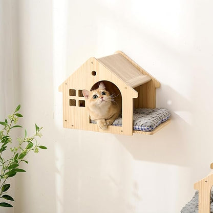 SHENGOCASE Natural Wood Cat Wall Shelves Bed, 2-Pack, Wall-Mounted Box House Perch, Cat Condo Furniture with Washable Pillow Cushions