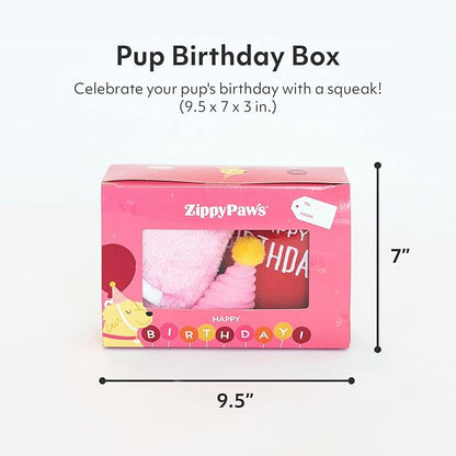 ZippyPaws Birthday Box - Dog Squeaky Toys to Keep Them Busy, Funny Food Plush for Small, Medium, & Large Dogs, Cute Stuffed Puppy Toy & Hat, Pet Products, Gift for Dogs of All Breeds - 3-Pack, Pink