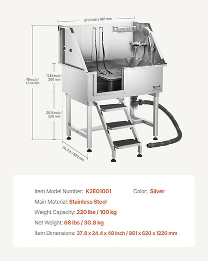 VEVOR Stainless Steel Dog Washing Station, 38 inch Pet Grooming Tub w/Storage Stairs, Faucet & Showerhead & Soap Holder Dog Bathtub for Medium & Small Pets (Left Door)