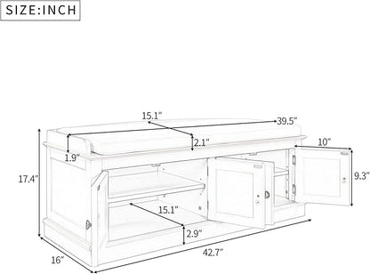Storage Bench with 4 Doors and Adjustable Shelves, Shoe Bench with Removable Cushion for Living Room, Entryway 42.7" L x 16" W x 17.4" H (White)