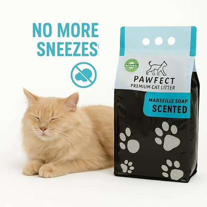 Marseille Soap Scented Cat Litter – 37.8 lb / 20L, Fast Clumping, Natural Odor Absorption, Lightweight Formula, Bonus Cleaning Tool Included, Made with Turkish White Bentonite