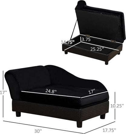 PawHut Luxury Fancy Dog Couch with Hidden Storage, Small Dog Sofa Bed with 2" Soft Foam, Modern Pet Furniture for Puppies & Little Breeds, Black