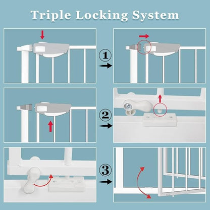 WAOWAO Triple Lock Baby Gate Extra Wide 57.87-62.59" Pressure Mounted Walk Through Swing Auto Close Safety White Metal Dog Pet Puppy Cat for Stairs,Doorways,Kitchen