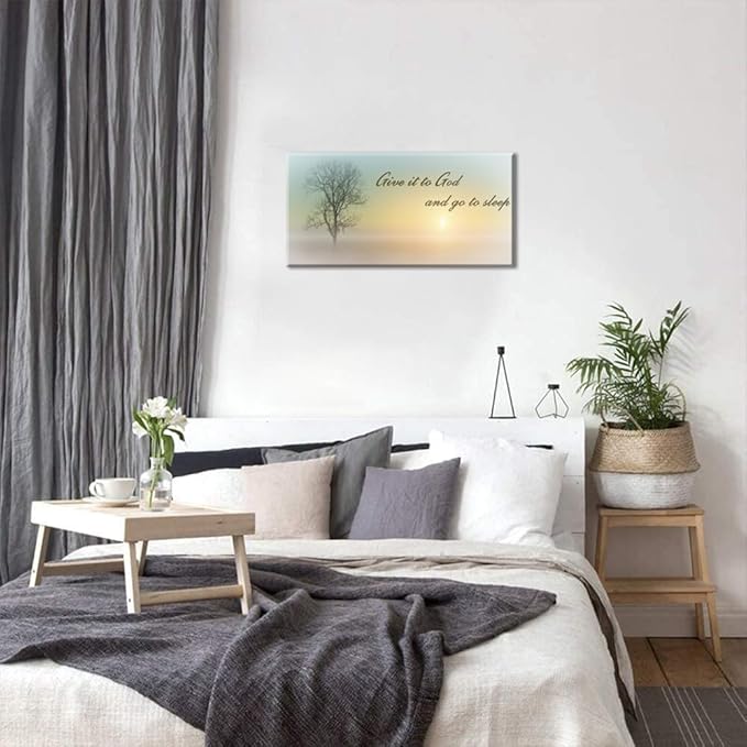 Lasdel Canvas Wall Art of Misty Sunset & Tree Plant Picture For Bedroom Home Above Bed, White Country Wood Sign For Bathroom, Give It To God & Go to Sleep Artwork Decor, Inner Frame 20x40 Inches
