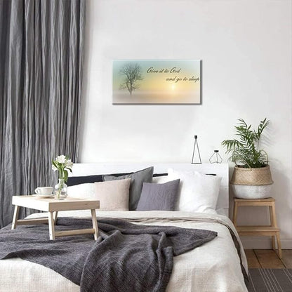 Lasdel Canvas Wall Art of Misty Sunset & Tree Plant Picture For Bedroom Home Above Bed, White Country Wood Sign For Bathroom, Give It To God & Go to Sleep Artwork Decor, Inner Frame 20x40 Inches