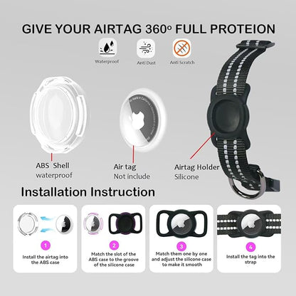 Reflective Dog Collar with Apple AirTag Holder & QR Code Pet ID Tag,Soft Nylon Adjustable Dog Tracker Collar with Safety Lock for Large Dogs(Black, L)