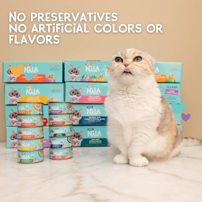 LOVE, NALA - Natural Adult Cat Wet Food - FLAKED Chicken with Pumpkin in Broth - Grain Free, Non-GMO, Digestive Fiber, Vitamins, Minerals - 12 Pack 2.4 lbs.