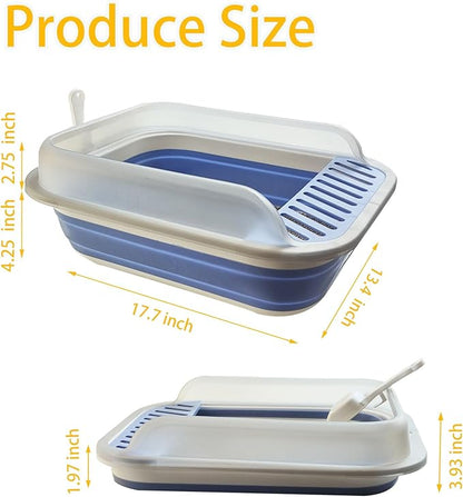 Open Cat Litter Box with High Side, Anti-Splashing Kitty Litter Pan Collapsible Travel Litter Potty Pan Scoop Leak-Proof Pedal Cat Toilet No Smell Easy Clean (M Blue High Side)