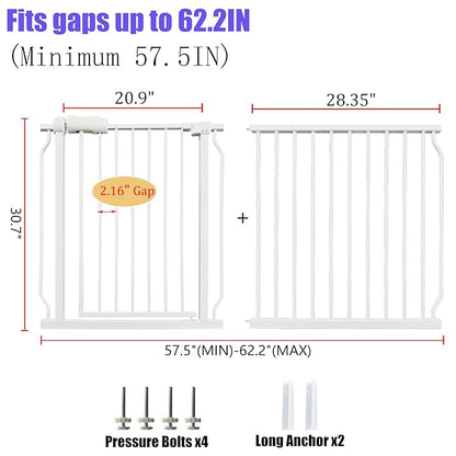 Extra Wide Baby Gates 57.5-62 Inch, Large Metal Safety Gate for Stairs, Doorways - No Drilling, Pressure Mounted Pet Gates for Kids & Dogs