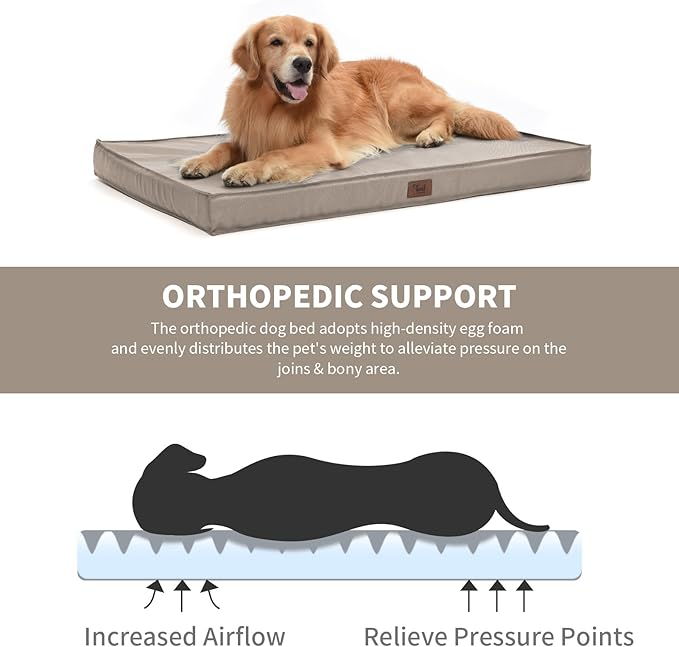 Dog Crate Bed Washable Dog Beds for Large Dogs, Big Waterproof Orthopedic Pet Bed with Egg Crate Foam Pet Bed Mat, Removable Oxford Cooling Cover, Khaki