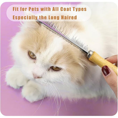 Dog Cat Grooming Comb with Wooden Handle Stainless Steel Teeth, Pet Grooming Supplies Accessories for Hairy Pets (Dual Teeth)