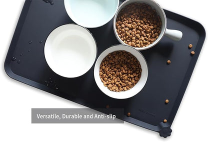 Hoki Found L Silicone Non Slip Pet Dog Cat Bowl Mats - Placemat, Waterproof Food Mats for Carpet - Black