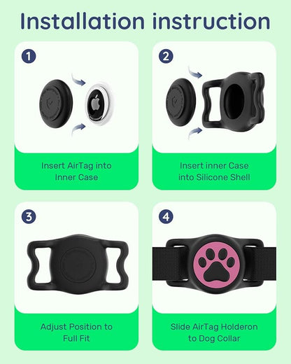 IP68 Waterpoof Dog Air tag Holder, Stretchy Silicone Full Body Covered Apple Air Tag Holder for Dog Cat Collar Fit All Width Collar (Black & Rose, 1 Pack)