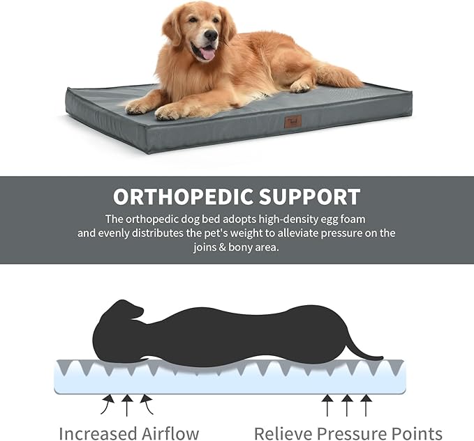 Outdoor Extra Large Dog Bed, Waterproof Dog Bed for Large Dogs, Egg Crate Foam XL Pet Bed with Removable Washable Oxford Cooling Cover, Grey