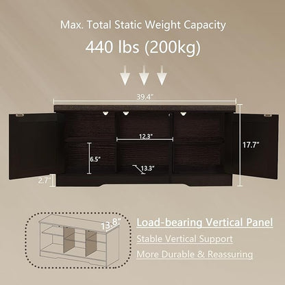 DINZI LVJ Shoe Bench, Entryway Storage Bench with Doors, Cushion, 2-Tier Shoe Rack with 6-Cubby, 39.4”L x 13.8”W Shoe Organizer Cabinet, Adjustable Shelf, Living Room, Bedroom, Espresso with Rattan