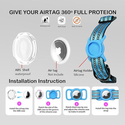 Reflective Dog Collar with Apple AirTag Holder & QR Code Pet ID Tag,Soft Nylon Adjustable Dog Tracker Collar with Safety Lock for Large Dogs(Blue, L（16"-26"）)