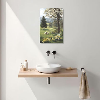 Country Sheep Canvas Wall Decor Farmhouse Rustic Lamb Wildflower Wall Art Nature Countryside Landscape Pictures Painting Print Framed Artwork Decorations for Bathroom Living Room Bedroom 16"x24"