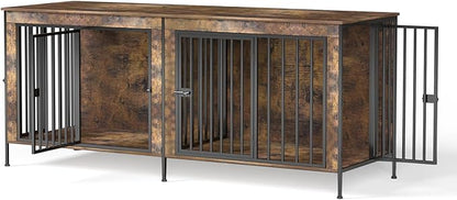 Dog Crate Furniture 78" for 2 Dogs Sturdy Heavy Duty Dog Kennel Solid Metal Tube Thick Wooden with 3 Lockable Doors XXL Double Dog Cage Large Breed as End Table for Large Dogs Rustic Brown