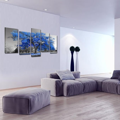 KREATIVE ARTS Canvas Print Wall Art Painting Contemporary Blue Tree In Black And White Style Fall Landscape Picture Modern Giclee Stretched And Framed Artwork (Large Size 60x32inch)