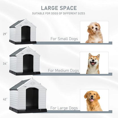 LEMBERI Durable Waterproof Plastic Dog House for Small to Large Sized Dogs, Indoor Outdoor Doghouse Insulated Puppy Shelter with Elevated Floor, Easy to Assemble (Gray, 34''L*31''W*32''H)