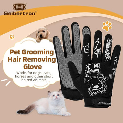 Seibertron Patented P.G.M.G-1 Pet Hair Remover/Deshedding Grooming Gloves Seven Sizes Fit All Works for Dogs, Horses, Cats and Other Animals Short Fur(1-Pair) Adult Black L
