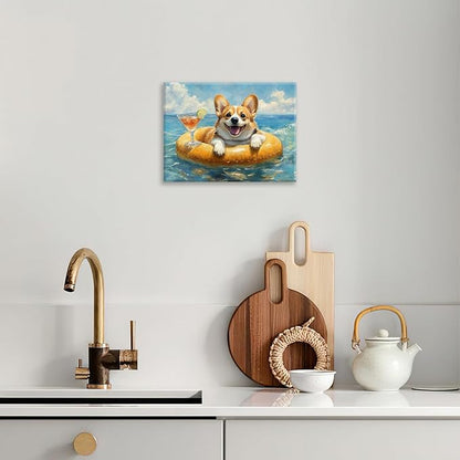 Ocean Funny Corgi Dog Pictures Wall Art, Bathroom Cute Dog Wall Decor Sea Coastal Framed Painting Beach Canvas Artwork for Bathroom Bedroom Living Room Decorations 16"L x 12"W