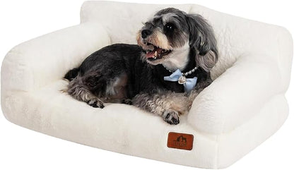 Hollypet Fluffy Plush Pet Cat Couch Soft Calming Pet Sofa Beds for Medium Small Cats and Dogs, White