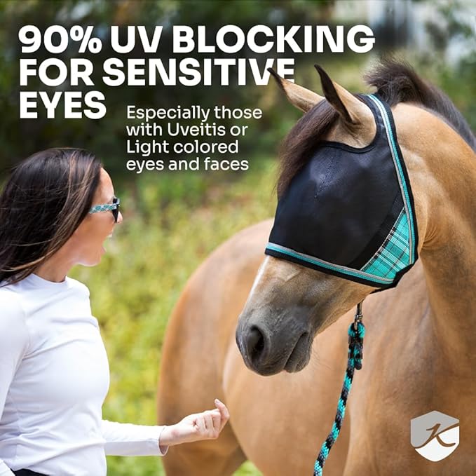 Kensington 90% UV Fly Mask Halter CatchMask UViator - Without Ears & Forelock Freedom Web Trim *Roomy Fit*- X-Large, Atlantis