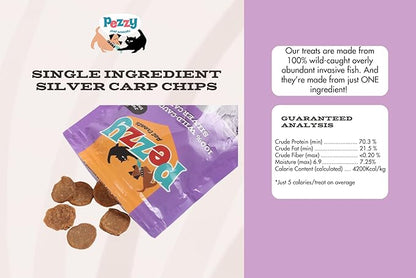 Silver Carp Chips Dog & Cat Treats | Single Ingredient | Wild Caught | Made w/Invasive Fish | Grain Free | High Protein + Low Fat | Hypoallergenic | Compostable Packaging | Made in The USA