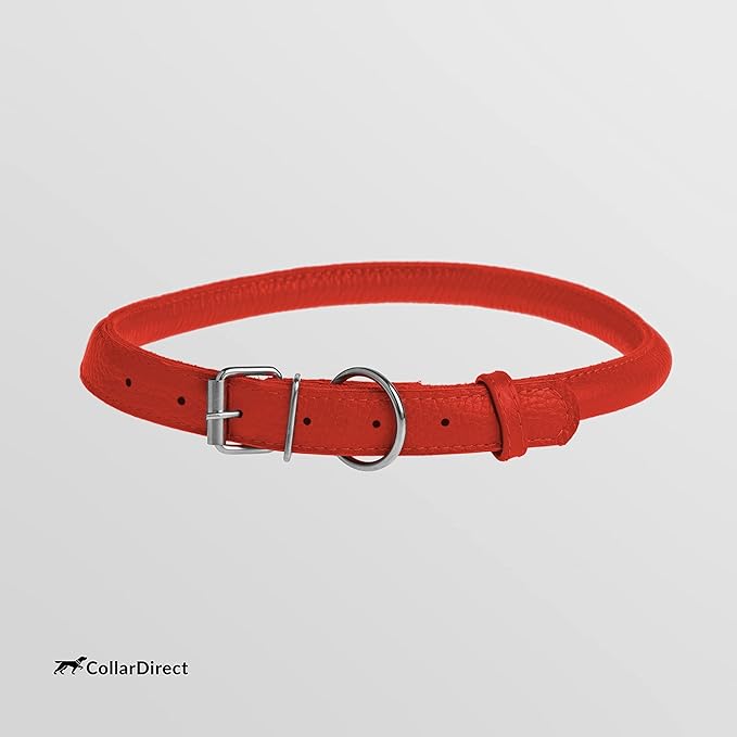 CollarDirect Rolled Leather Dog Collar, Soft Padded Round Puppy Collar, Handmade Genuine Leather Collar Dog Small Large Cat Collars 13 Colors (15-19 Inch, Red Textured)