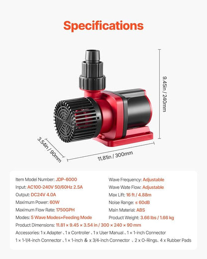 VEVOR Aquarium 24V DC Water Pump, 60W, 1750 GPH Marine Wavemaker Return Pump with Controller, Adjustable Flow, Feed Mode, 16 ft Maximum Lift, for Saltwater Freshwater Fish Tank Sump Pond Circulation