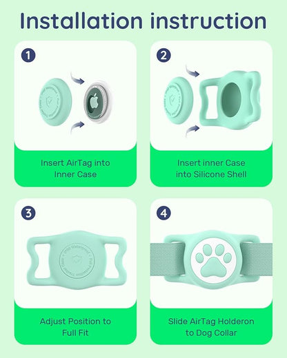 IP68 Waterpoof Dog Airtag Holder, Stretchy Silicone Full Body Covered Apple Air Tag Holder for Dog Cat Collar Fit All Width Collar (Green, 1 Pack)