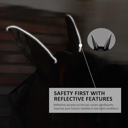 Horse Fly Mask Large Space Breathable UV Protection Equine Mask with Reflective Features on Ears Mars Black L