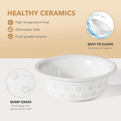 5.5inch Ceramic Adjustable Raised Double Bowls Set with Stand, 3 Heights Elevated, 2 Placement Options,Food and Water Dishes for Puppy, Cats（Double Bowls+Stand, Reactived Glaze -White