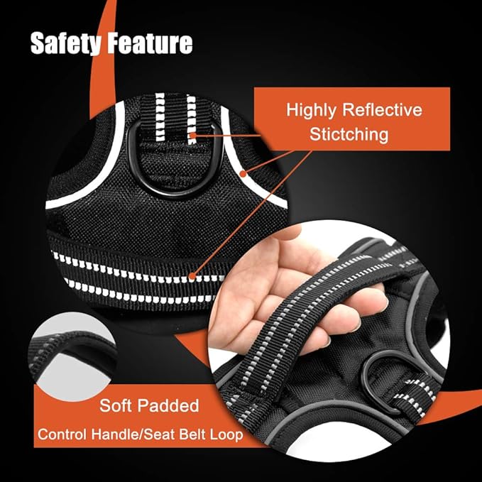 PHOEPET Reflective Dog Harness No Pull Large Breed Vest with 2 Metal Leash Attachment Hooks(XL, Orange)