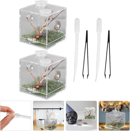 balacoo 8 Sets Jumping Spider Enclosure: Spider Cage Habitat Jumping Terrarium Micro Scorpion Droppers Reptile Hide Clear Enclosure Breeding Box Case with Breeding Tweezers