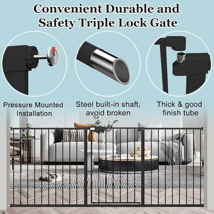 WAOWAO Triple Lock Baby Gate Extra Wide 76.77-81.49" Pressure Mounted Walk Through Swing Auto Close Safety Black Metal Dog Pet Puppy Cat for Stairs,Doorways,Kitchen