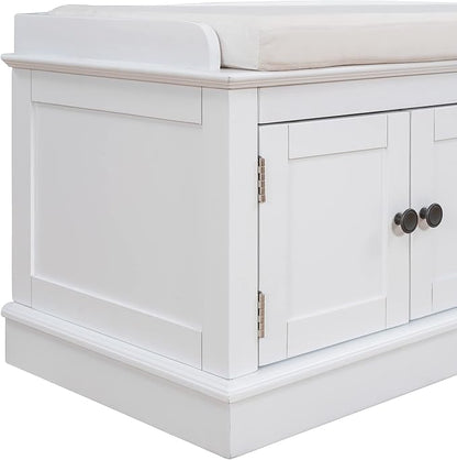 Storage Bench with 4 Doors and Adjustable Shelves, Shoe Bench with Removable Cushion for Living Room, Entryway 42.7" L x 16" W x 17.4" H (White)