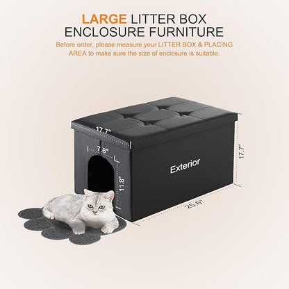 MEEXPAWS Cat Litter Box Enclosure Furniture Hidden, Cat Washroom Bench Storage Cabinet |Large 25.6'' x 17.7'' x 17.7''| Dog Proof | Waterproof Inside/Easy Clean | Easy Assembly | Odor Control(Black)