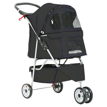 Pet Stroller Dog Stroller Portable Travel 3 Wheel Foldable Cat Stroller with Storage Basket and Cup Holder for Small and Medium Cats,Dogs,Puppy,Black