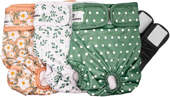 Pet Parents® Washable Dog Diapers (3pack) + Extendrs® of Durable Doggie Diapers, Premium Dog Diapers Female (Small, Daisy)