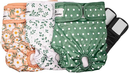 Pet Parents® Washable Dog Diapers (3pack) + Extendrs® of Durable Doggie Diapers, Premium Dog Diapers Female (Small, Daisy)