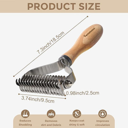 Undercoat Rake for Dogs - Professional Pet Shedding Dematting Comb with Wood Handle, Stainless Steel Blades for Pet Cats Dogs Matted Hair Tangles Removing