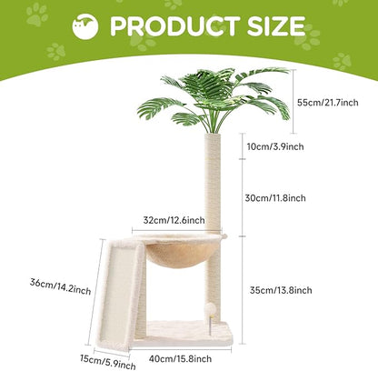 Small Cat Tree, Green Cat Tree with Scratching Post, Hammock Toy Ball and Palm Leaves for Kittens, Cat Tower for Indoor