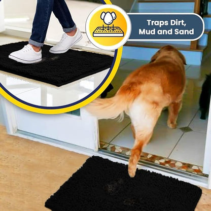 Muddy Mat® AS-SEEN-ON-TV Highly Absorbent Microfiber Door Mat and Pet Rug, Non Slip Thick Washable Area and Bath Mat Soft Chenille for Kitchen Bathroom Bedroom Indoor and Outdoor - Black 3ft x 8ft